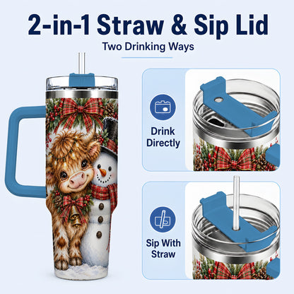 #pl[40oz|Blue] Watercolor Cow 40oz Tumbler with Handle, Snowman Stainless Steel Travel Cup