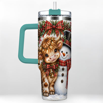 #pl[40oz|Green] Watercolor Cow 40oz Tumbler with Handle, Snowman Stainless Steel Travel Cup