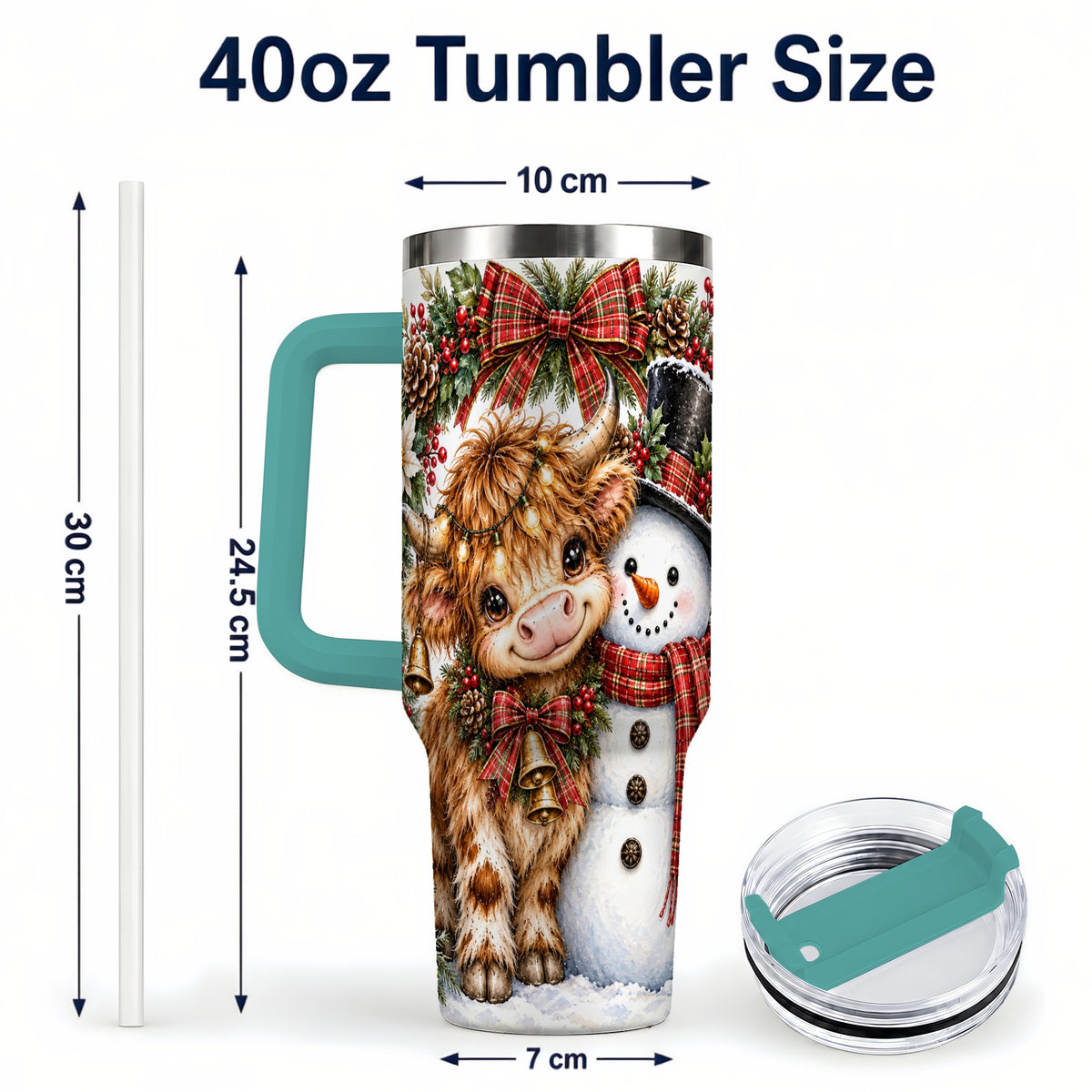 #pl[40oz|Green] Watercolor Cow 40oz Tumbler with Handle, Snowman Stainless Steel Travel Cup