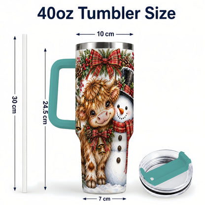 #pl[40oz|Green] Watercolor Cow 40oz Tumbler with Handle, Snowman Stainless Steel Travel Cup