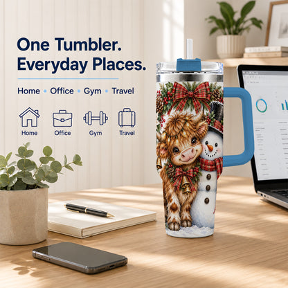 #pl[40oz|Blue] Watercolor Cow 40oz Tumbler with Handle, Snowman Stainless Steel Travel Cup