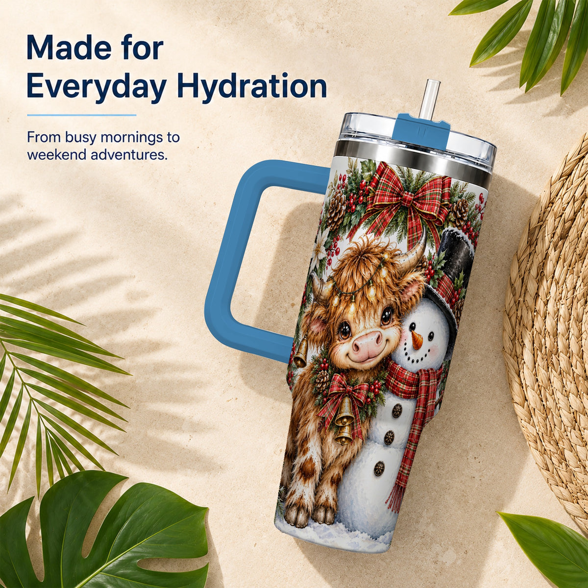 #pl[40oz|Blue] Watercolor Cow 40oz Tumbler with Handle, Snowman Stainless Steel Travel Cup