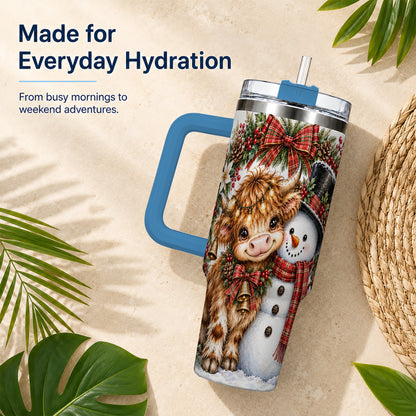 #pl[40oz|Blue] Watercolor Cow 40oz Tumbler with Handle, Snowman Stainless Steel Travel Cup