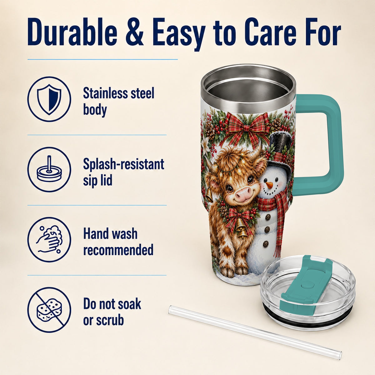 #pl[40oz|Green] Watercolor Cow 40oz Tumbler with Handle, Snowman Stainless Steel Travel Cup