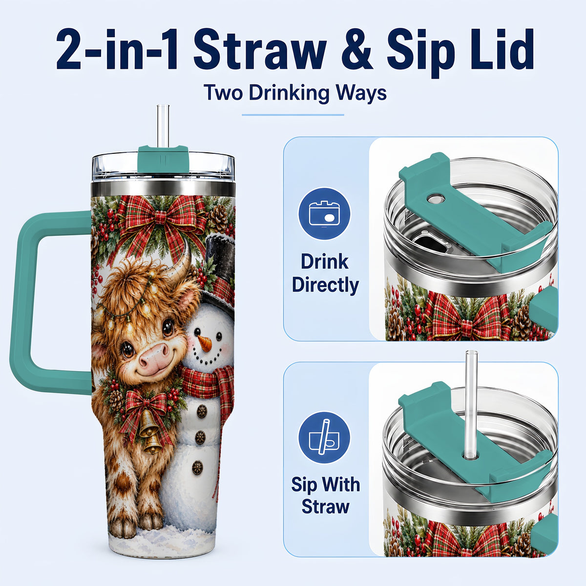 #pl[40oz|Green] Watercolor Cow 40oz Tumbler with Handle, Snowman Stainless Steel Travel Cup
