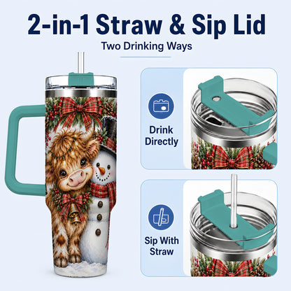 #pl[40oz|Green] Watercolor Cow 40oz Tumbler with Handle, Snowman Stainless Steel Travel Cup