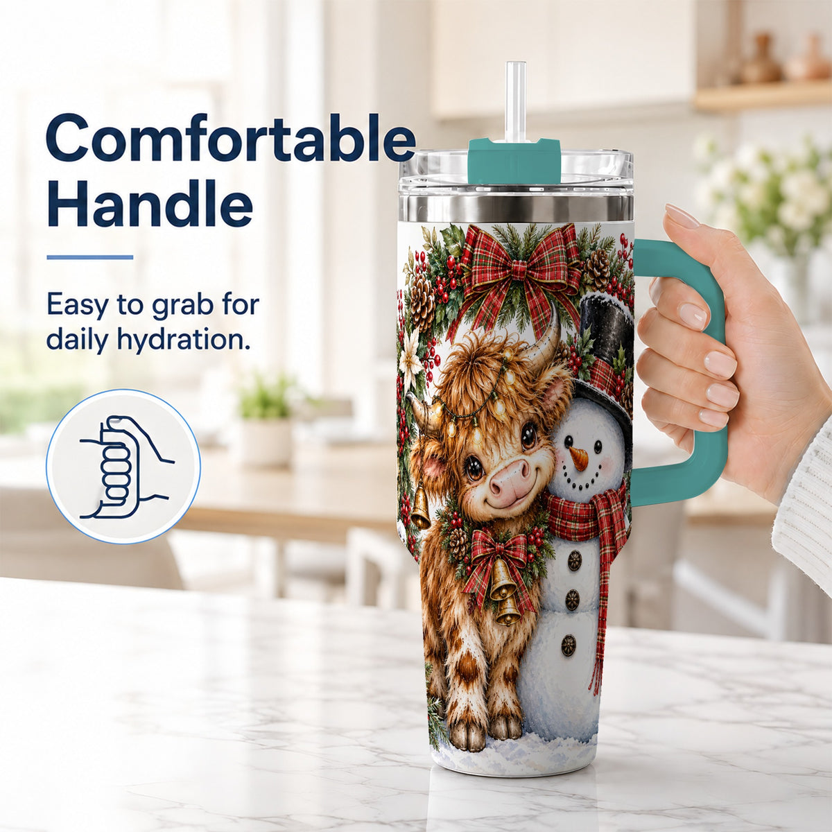 #pl[40oz|Green] Watercolor Cow 40oz Tumbler with Handle, Snowman Stainless Steel Travel Cup
