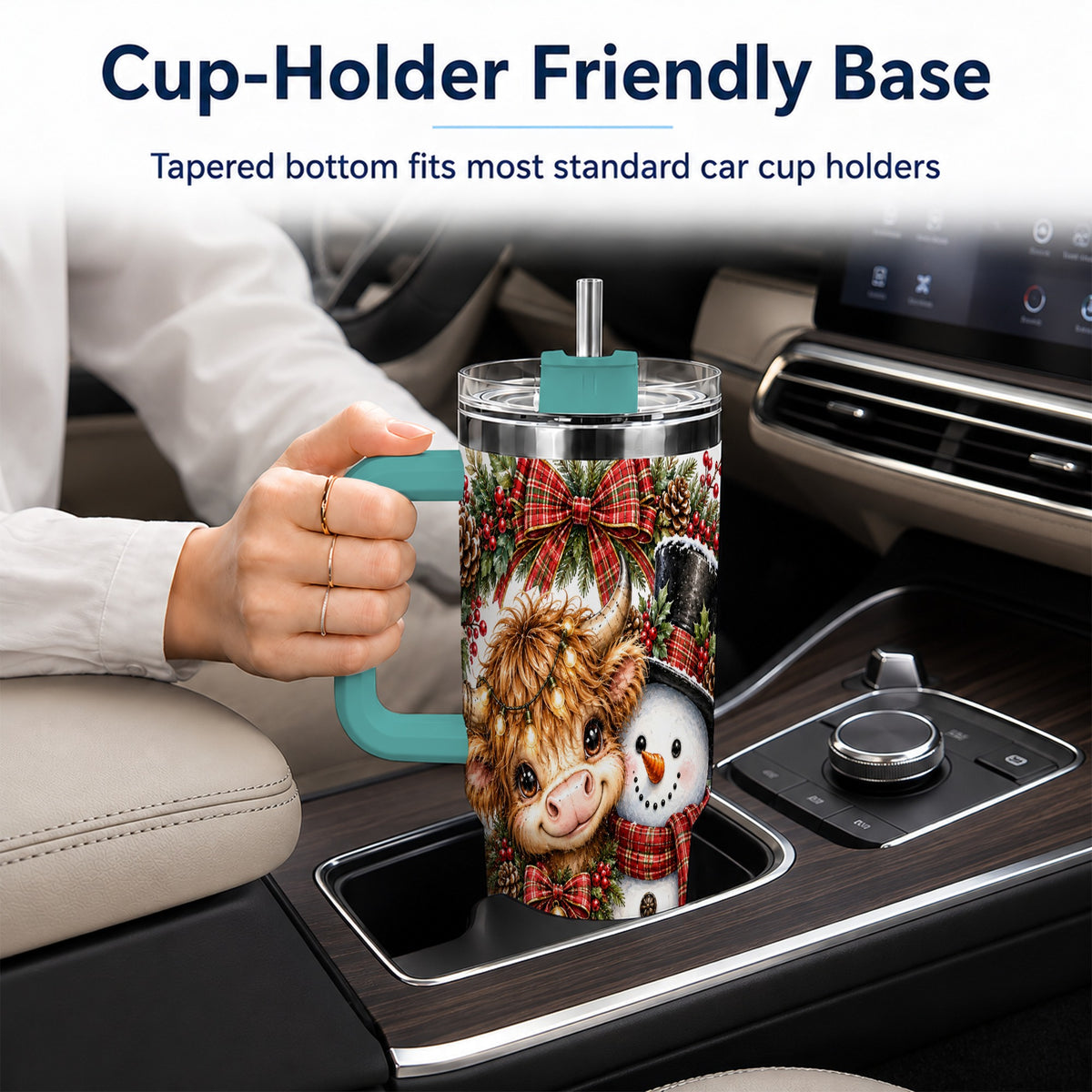#pl[40oz|Green] Watercolor Cow 40oz Tumbler with Handle, Snowman Stainless Steel Travel Cup