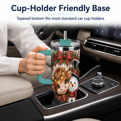 #pl[40oz|Green] Watercolor Cow 40oz Tumbler with Handle, Snowman Stainless Steel Travel Cup