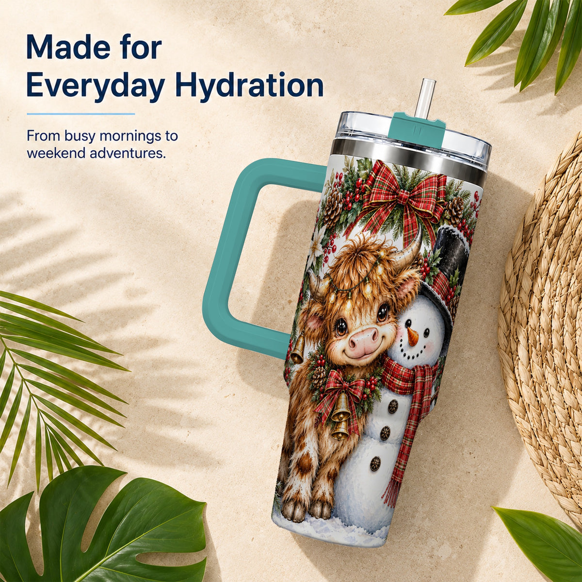 #pl[40oz|Green] Watercolor Cow 40oz Tumbler with Handle, Snowman Stainless Steel Travel Cup