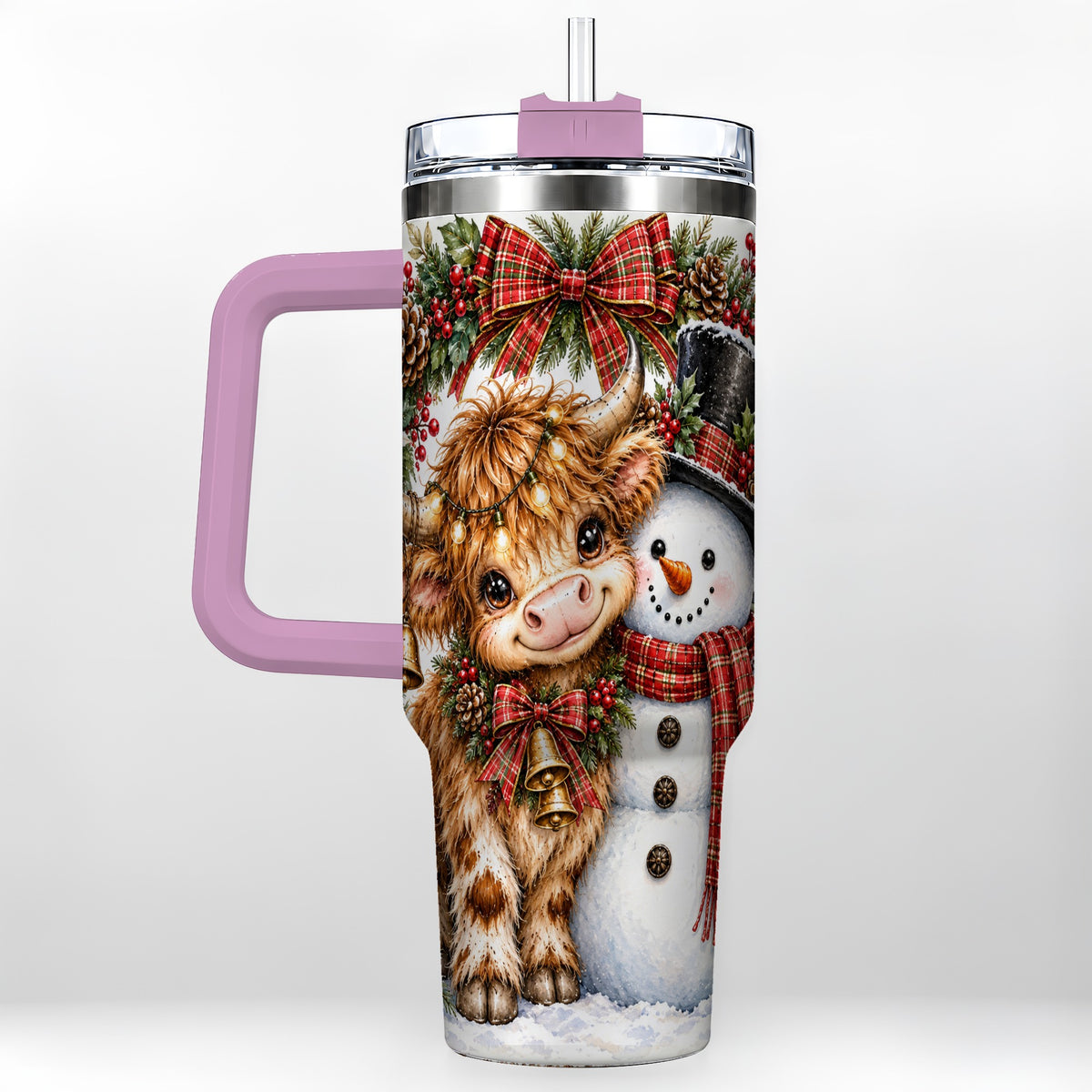 #pl[40oz|Pink] Watercolor Cow 40oz Tumbler with Handle, Snowman Stainless Steel Travel Cup