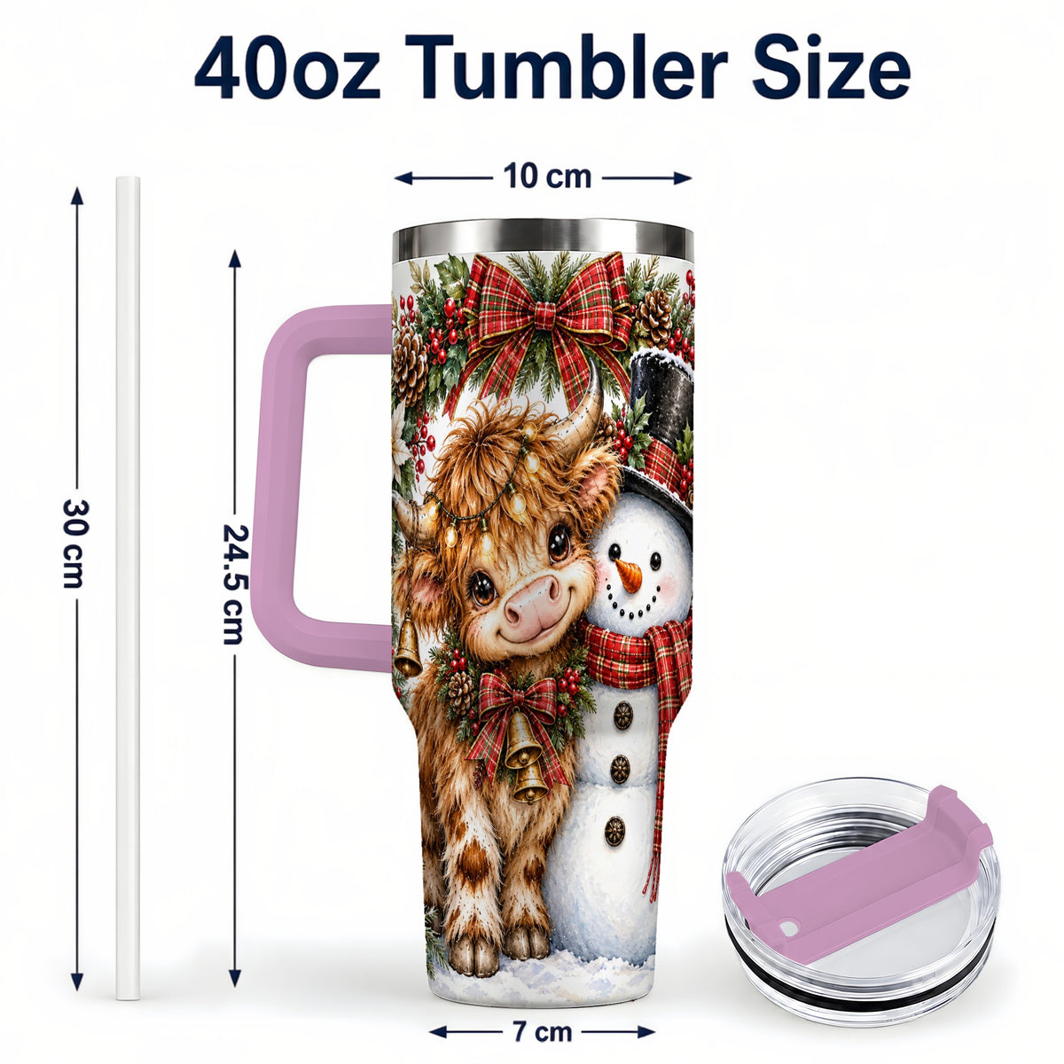 #pl[40oz|Pink] Watercolor Cow 40oz Tumbler with Handle, Snowman Stainless Steel Travel Cup