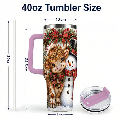 #pl[40oz|Pink] Watercolor Cow 40oz Tumbler with Handle, Snowman Stainless Steel Travel Cup