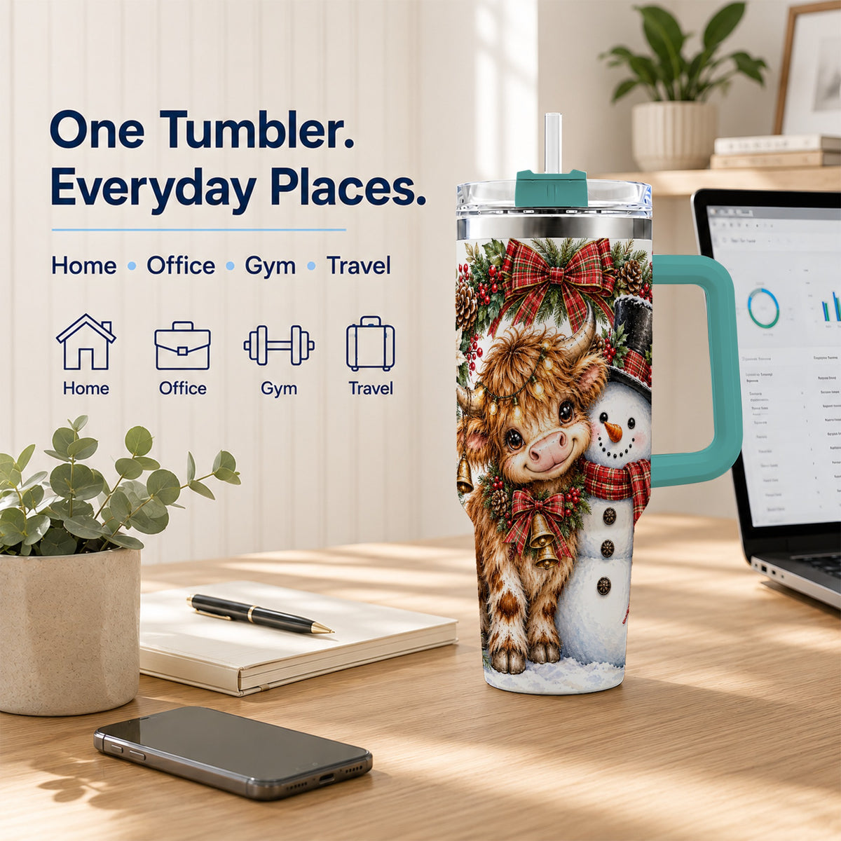 #pl[40oz|Green] Watercolor Cow 40oz Tumbler with Handle, Snowman Stainless Steel Travel Cup