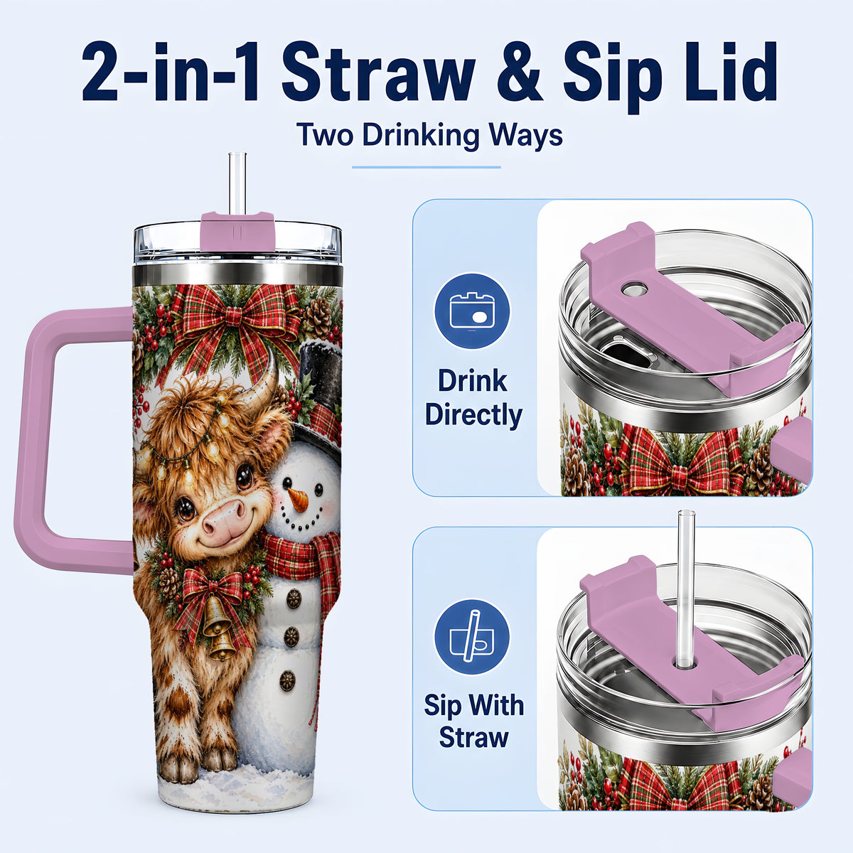 #pl[40oz|Pink] Watercolor Cow 40oz Tumbler with Handle, Snowman Stainless Steel Travel Cup