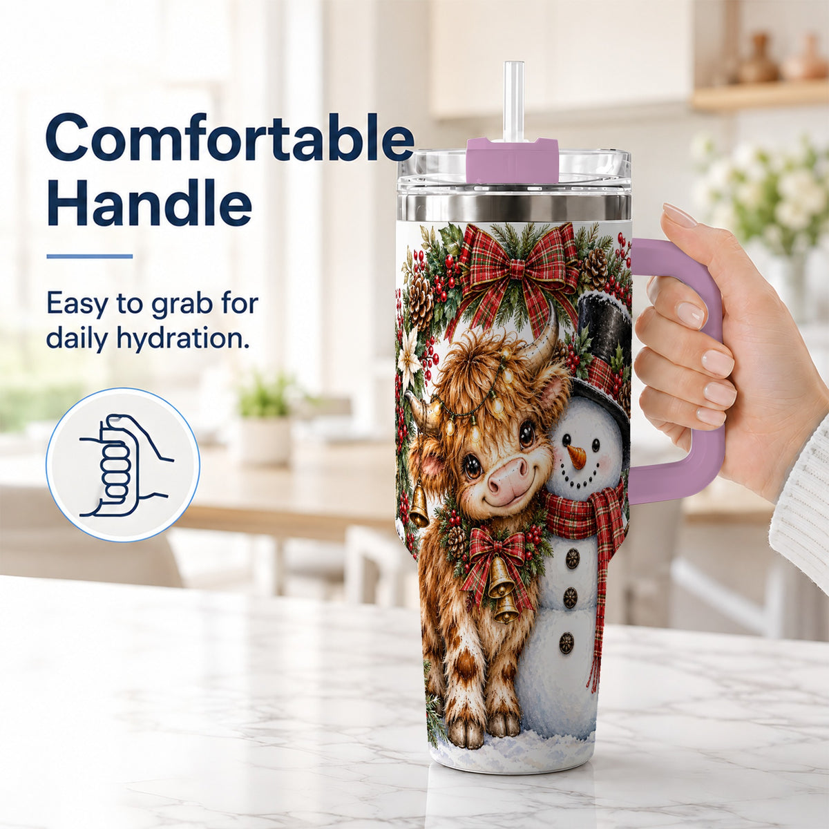 #pl[40oz|Pink] Watercolor Cow 40oz Tumbler with Handle, Snowman Stainless Steel Travel Cup