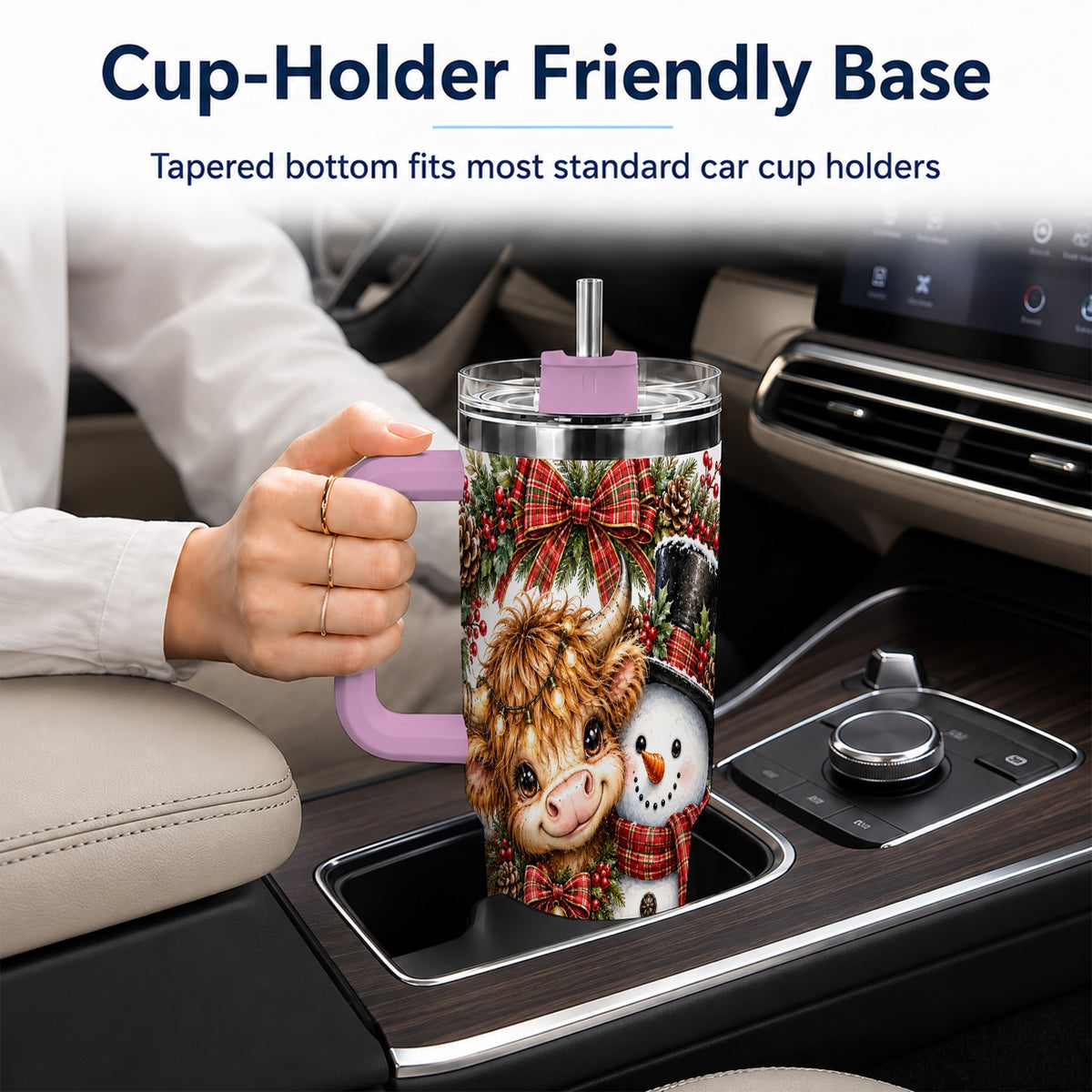 #pl[40oz|Pink] Watercolor Cow 40oz Tumbler with Handle, Snowman Stainless Steel Travel Cup