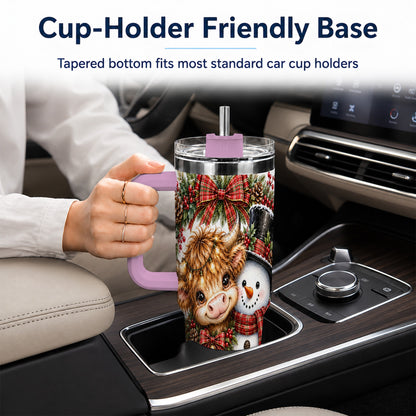 #pl[40oz|Pink] Watercolor Cow 40oz Tumbler with Handle, Snowman Stainless Steel Travel Cup