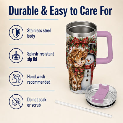 #pl[40oz|Pink] Watercolor Cow 40oz Tumbler with Handle, Snowman Stainless Steel Travel Cup