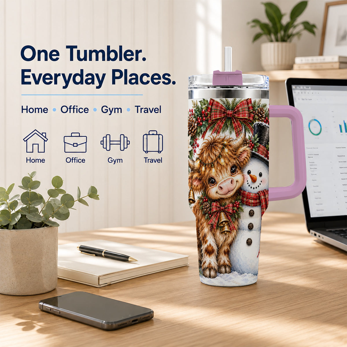 #pl[40oz|Pink] Watercolor Cow 40oz Tumbler with Handle, Snowman Stainless Steel Travel Cup