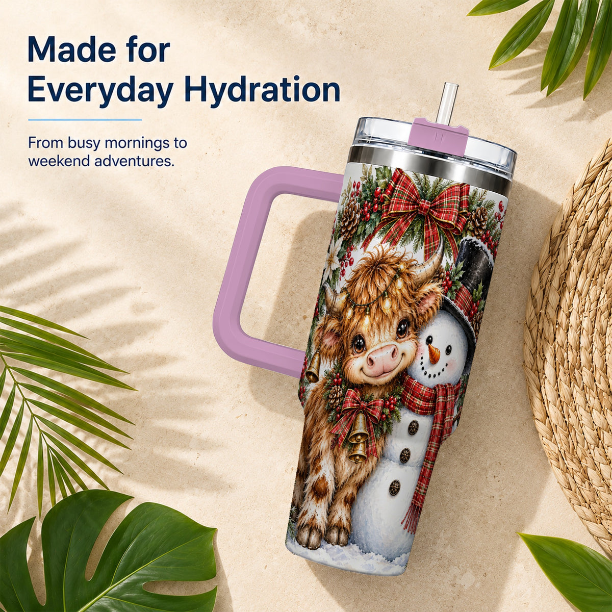 #pl[40oz|Pink] Watercolor Cow 40oz Tumbler with Handle, Snowman Stainless Steel Travel Cup