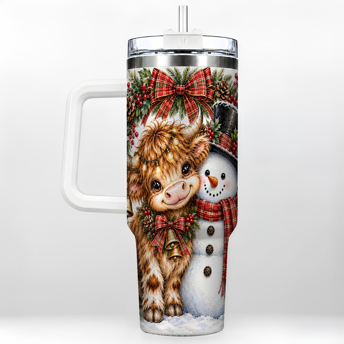Watercolor Cow 40oz Tumbler with Handle, Snowman Stainless Steel Travel Cup