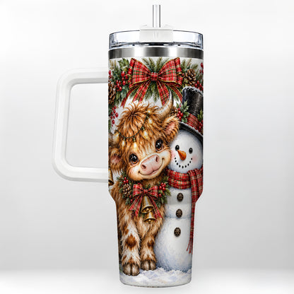 Watercolor Cow 40oz Tumbler with Handle, Snowman Stainless Steel Travel Cup
