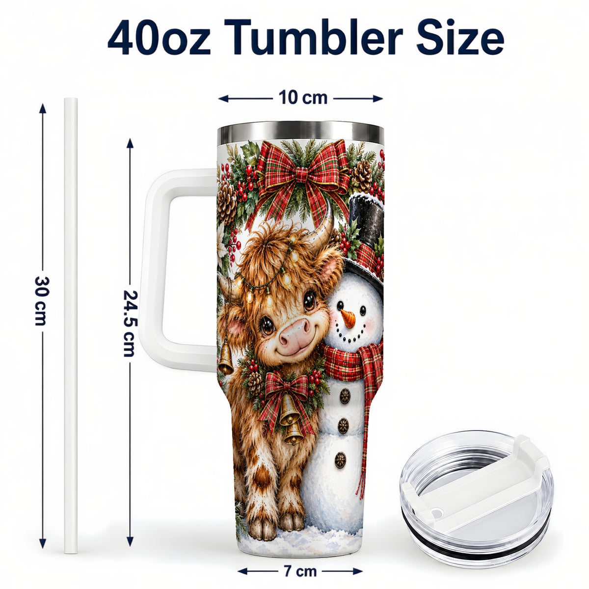 #pl[40oz|White] Watercolor Cow 40oz Tumbler with Handle, Snowman Stainless Steel Travel Cup