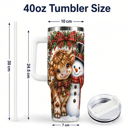 #pl[40oz|White] Watercolor Cow 40oz Tumbler with Handle, Snowman Stainless Steel Travel Cup