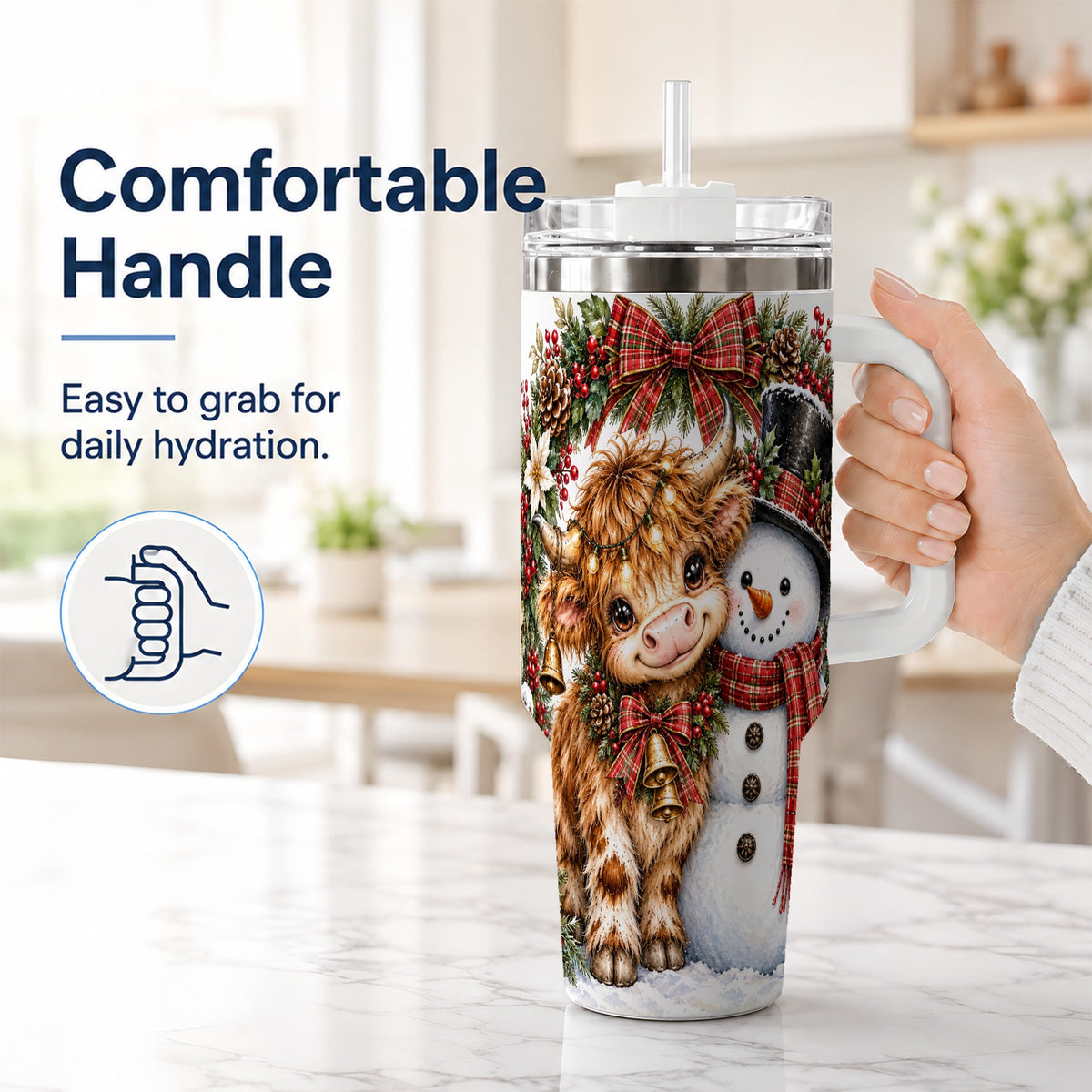 #pl[40oz|White] Watercolor Cow 40oz Tumbler with Handle, Snowman Stainless Steel Travel Cup