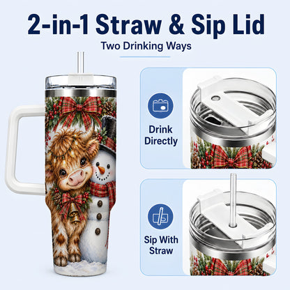 #pl[40oz|White] Watercolor Cow 40oz Tumbler with Handle, Snowman Stainless Steel Travel Cup