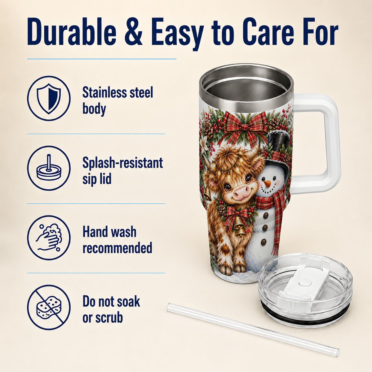 #pl[40oz|White] Watercolor Cow 40oz Tumbler with Handle, Snowman Stainless Steel Travel Cup