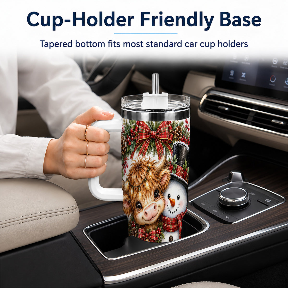 #pl[40oz|White] Watercolor Cow 40oz Tumbler with Handle, Snowman Stainless Steel Travel Cup
