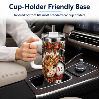 #pl[40oz|White] Watercolor Cow 40oz Tumbler with Handle, Snowman Stainless Steel Travel Cup
