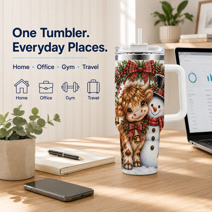 #pl[40oz|White] Watercolor Cow 40oz Tumbler with Handle, Snowman Stainless Steel Travel Cup