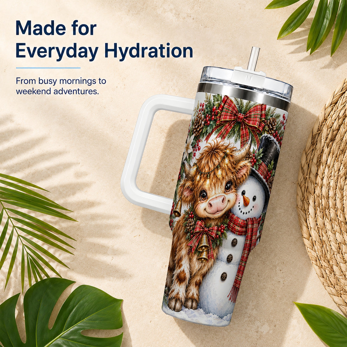 #pl[40oz|White] Watercolor Cow 40oz Tumbler with Handle, Snowman Stainless Steel Travel Cup