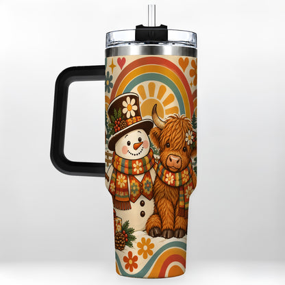 #pl[40oz|Black] Retro Cow Snowman 40oz Tumbler with Handle, Winter Stainless Steel Cup