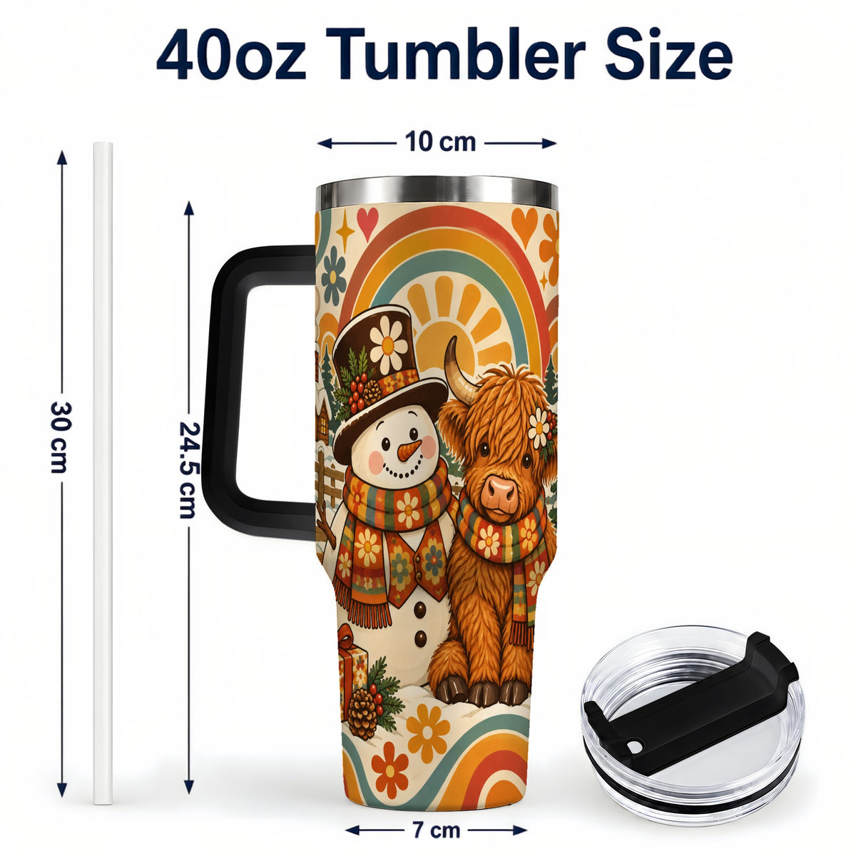 #pl[40oz|Black] Retro Cow Snowman 40oz Tumbler with Handle, Winter Stainless Steel Cup