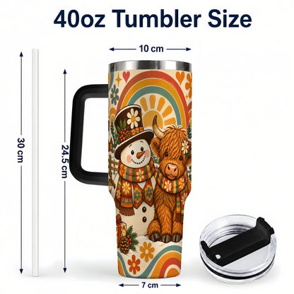#pl[40oz|Black] Retro Cow Snowman 40oz Tumbler with Handle, Winter Stainless Steel Cup