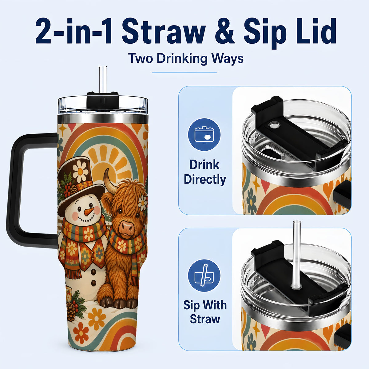 #pl[40oz|Black] Retro Cow Snowman 40oz Tumbler with Handle, Winter Stainless Steel Cup