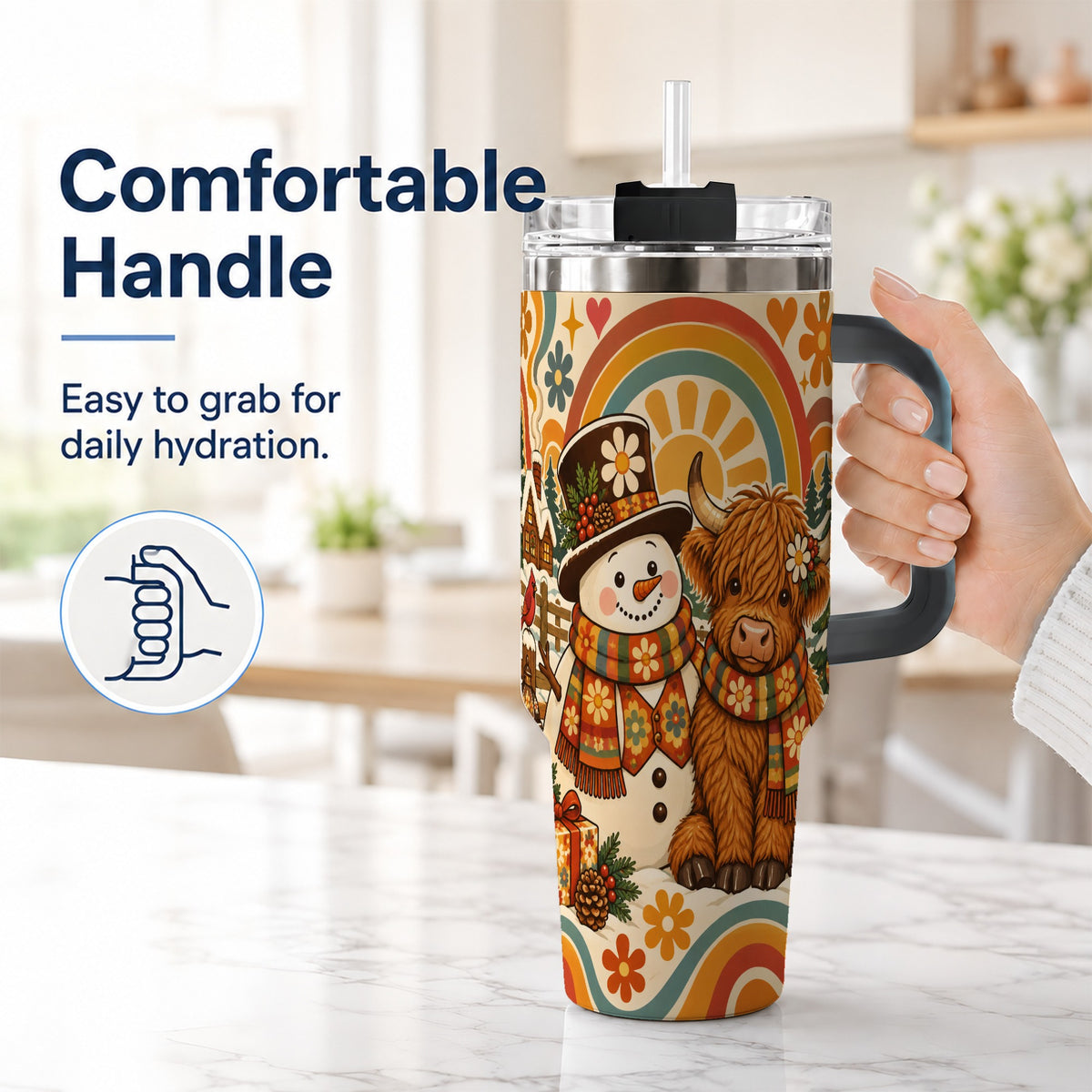 #pl[40oz|Black] Retro Cow Snowman 40oz Tumbler with Handle, Winter Stainless Steel Cup