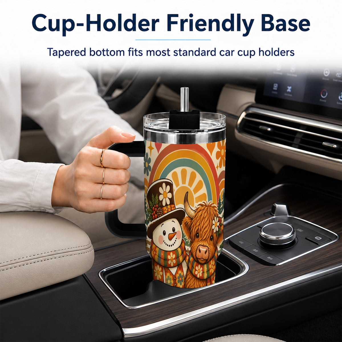 #pl[40oz|Black] Retro Cow Snowman 40oz Tumbler with Handle, Winter Stainless Steel Cup