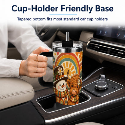 #pl[40oz|Black] Retro Cow Snowman 40oz Tumbler with Handle, Winter Stainless Steel Cup