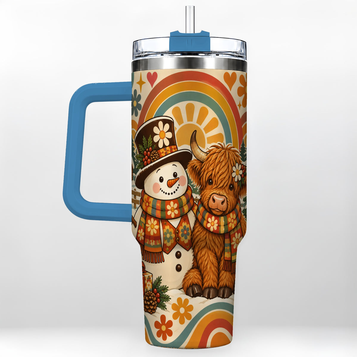 #pl[40oz|Blue] Retro Cow Snowman 40oz Tumbler with Handle, Winter Stainless Steel Cup