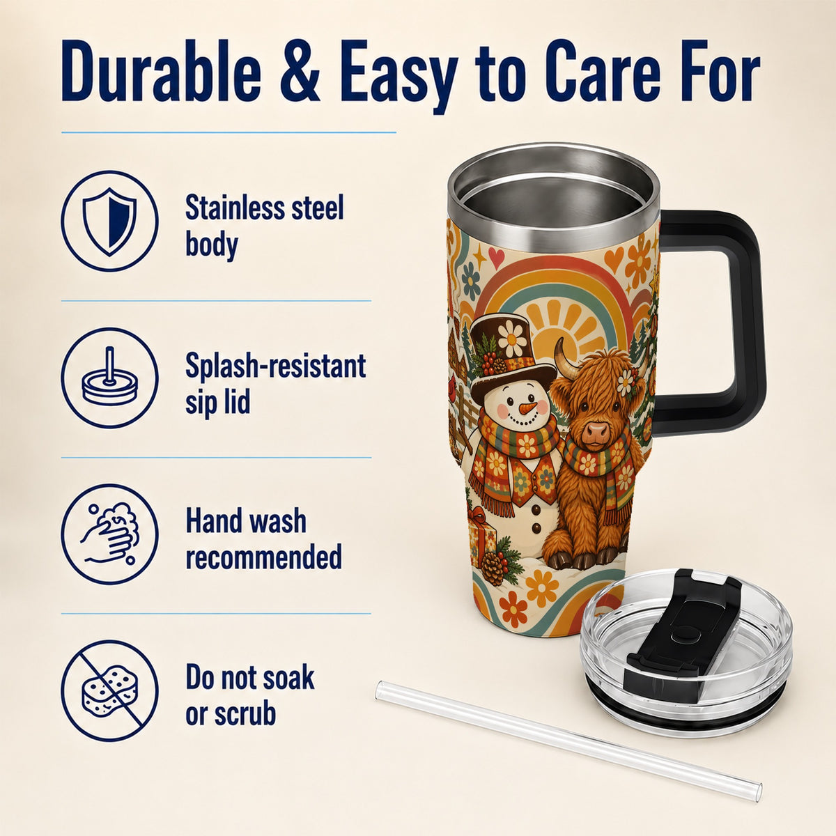 #pl[40oz|Black] Retro Cow Snowman 40oz Tumbler with Handle, Winter Stainless Steel Cup