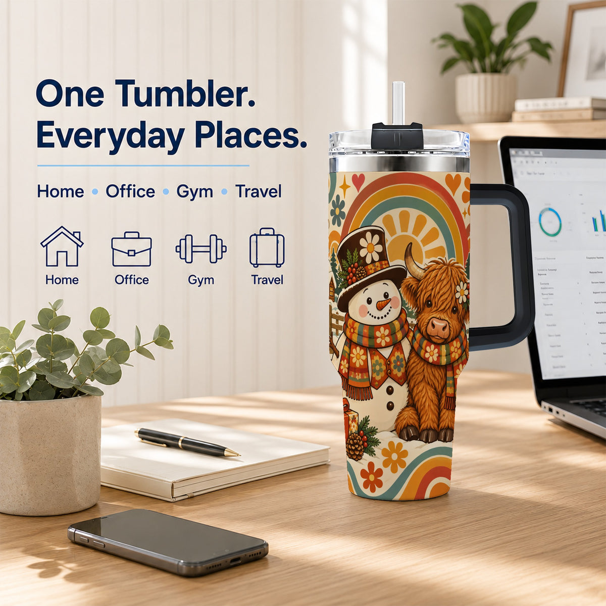 #pl[40oz|Black] Retro Cow Snowman 40oz Tumbler with Handle, Winter Stainless Steel Cup