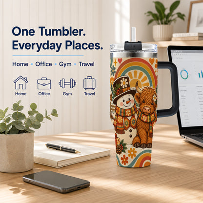 #pl[40oz|Black] Retro Cow Snowman 40oz Tumbler with Handle, Winter Stainless Steel Cup