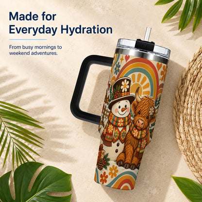 #pl[40oz|Black] Retro Cow Snowman 40oz Tumbler with Handle, Winter Stainless Steel Cup