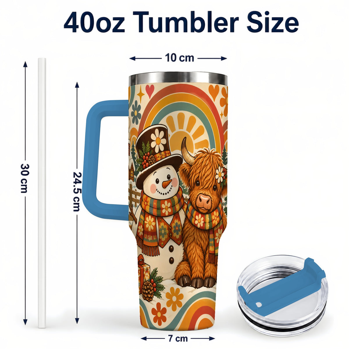 #pl[40oz|Blue] Retro Cow Snowman 40oz Tumbler with Handle, Winter Stainless Steel Cup