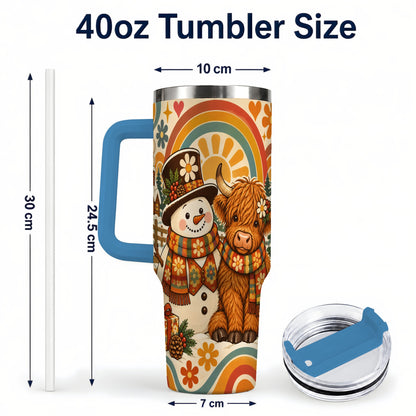 #pl[40oz|Blue] Retro Cow Snowman 40oz Tumbler with Handle, Winter Stainless Steel Cup